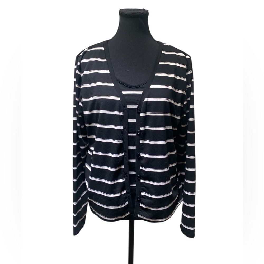 Lark + Grey Black and White Striped Top + Cardigan GUC L
